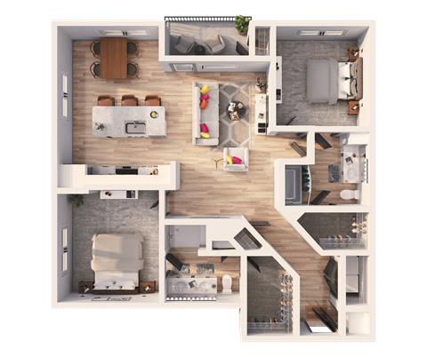 A top-down view of a house layout with a living room, kitchen, dining area, and bedrooms.